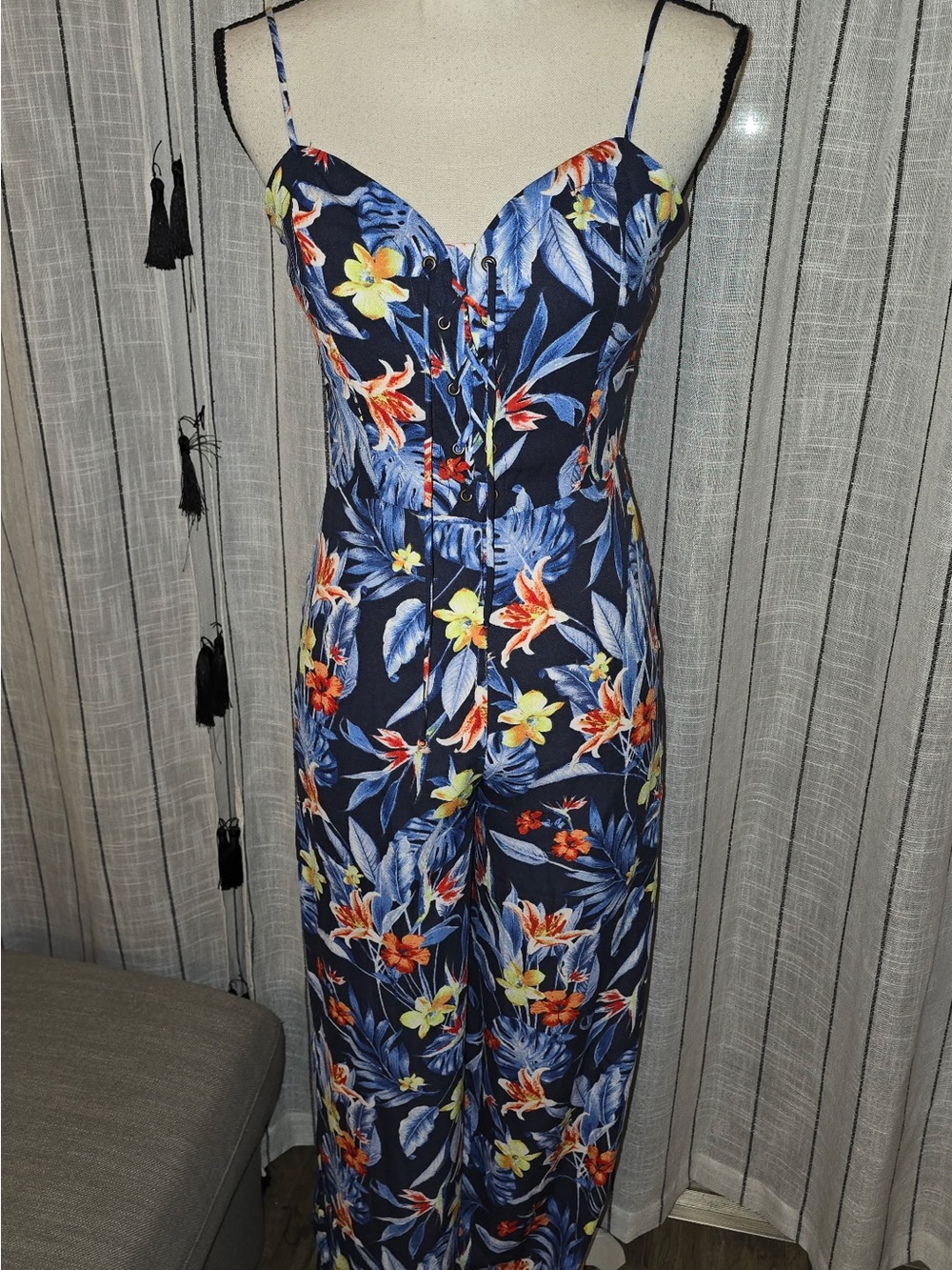 Gypsies & Moondust Navy Tropical Floral Spaghetti-Strap Jumpsuit